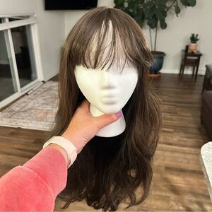 Long Brown Synthetic Wig with Curtain Bangs